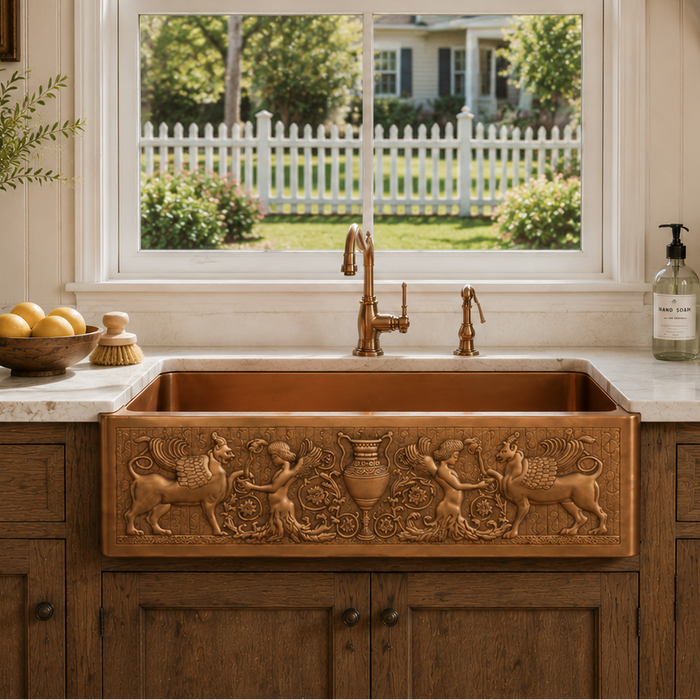 NAUXUS Copper Farmhouse Kitchen Sink, Handmade Hammered Single-Bowl Copper Apron Sink Include Kitchen Basket Stainer , FMHK05-NX