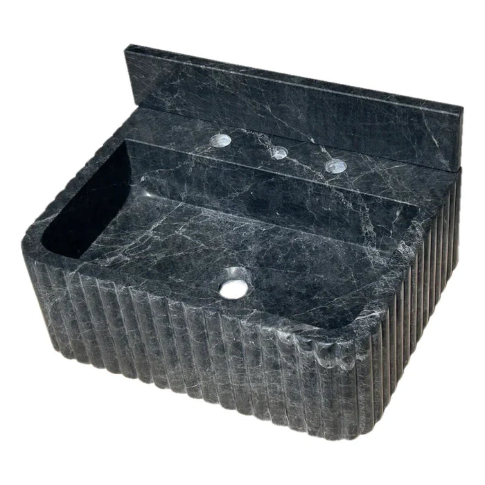Black Marble Wall Mount Bathroom Sink Ribbed Design With 4 Inch Stone Backsplash