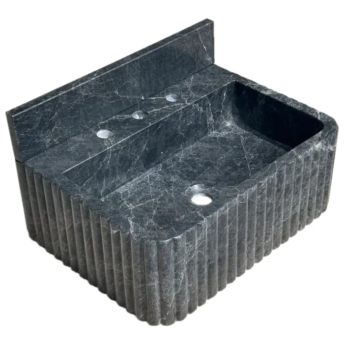 Black Marble Wall Mount Bathroom Sink Ribbed Design With 4 Inch Stone Backsplash