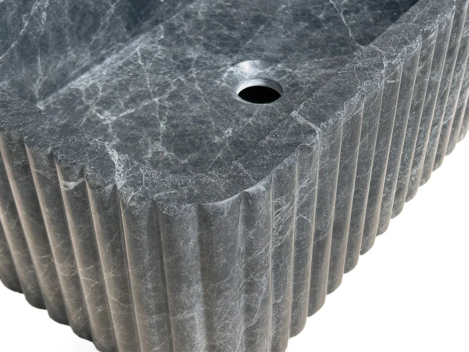 Black Marble Wall Mount Bathroom Sink Ribbed Design With 4 Inch Stone Backsplash