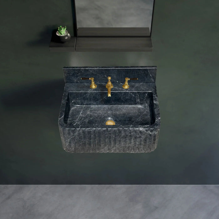 Black Marble Wall Mount Bathroom Sink Ribbed Design With 4 Inch Stone Backsplash