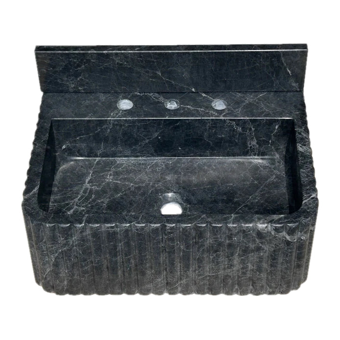 Sirius Black Marble Wall-mount Bathroom Sink Ribbed with 4" Backsplash NTRVS210