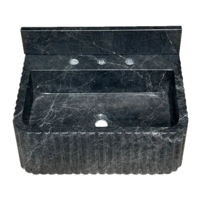 Black Marble Wall Mount Bathroom Sink Ribbed Design With 4 Inch Stone Backsplash