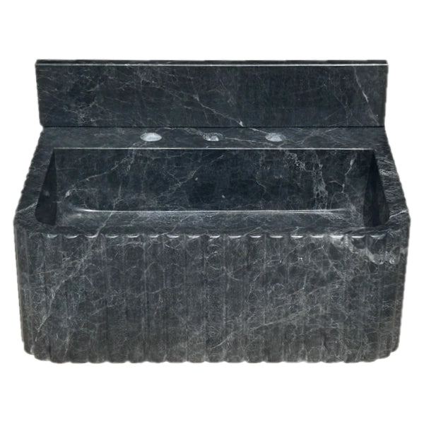 Sirius Black Marble Wall-mount Bathroom Sink Ribbed with 4" Backsplash NTRVS210