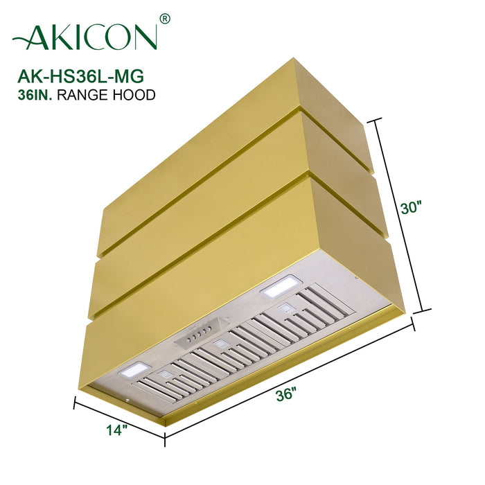 Akicon 36" Stainless Steel Wall Mount Range Hood, 3 Stacks Modern Box with 600 CFM Vent Motor — AK-HS36L-MG