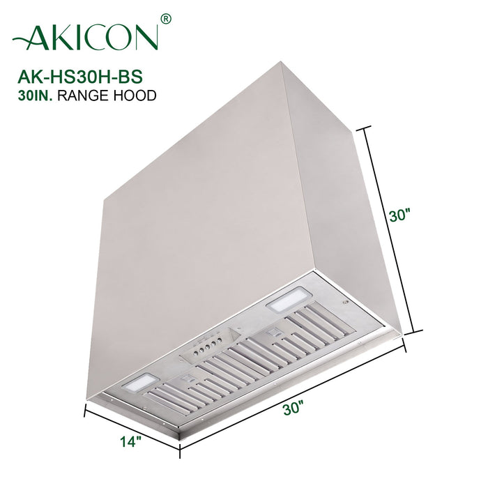 Akicon 30" Stainless Steel Wall Mount Range Hood Modern Box with 600 CFM Vent Hood — AK-HS30H-BS