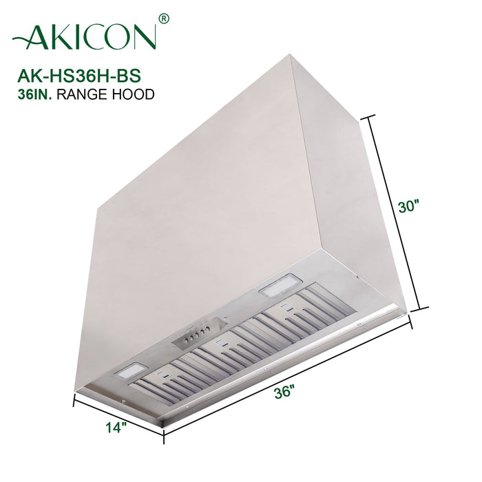 Akicon 36" Stainless Steel Wall Mount Range Hood Modern Box with 600 CFM Vent Hood — AK-HS36H-BS