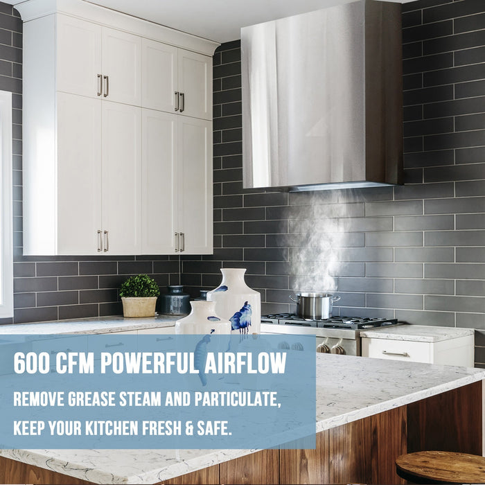 Akicon 36" Stainless Steel Wall Mount Range Hood Modern Box with 600 CFM Vent Hood — AK-HS36H-BS