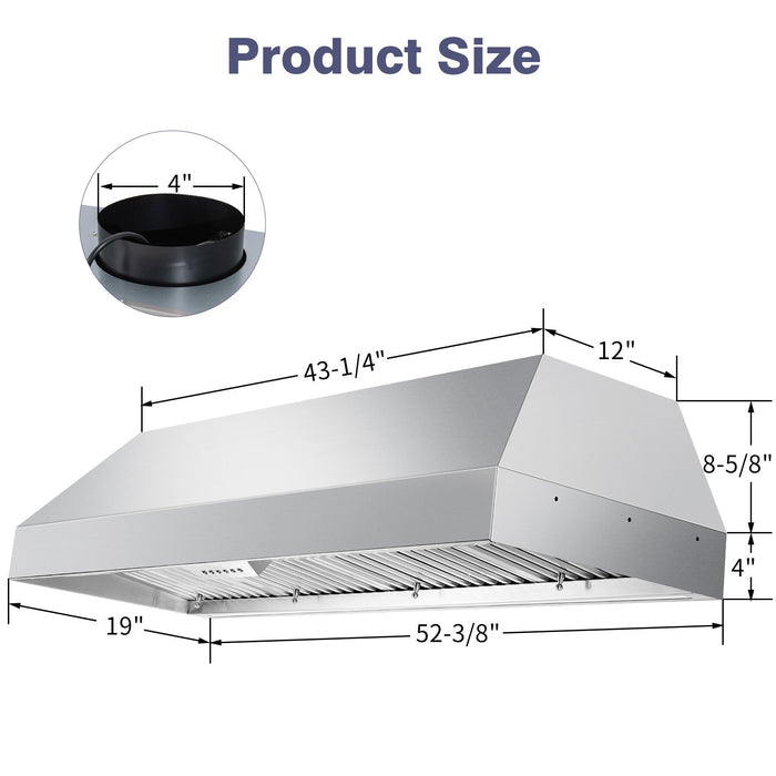 54" Range Hood Insert, 1200 CFM Stainless Steel Ducted Vent Hood Insert with Dimmable LED Lights - NX-19IS-54
