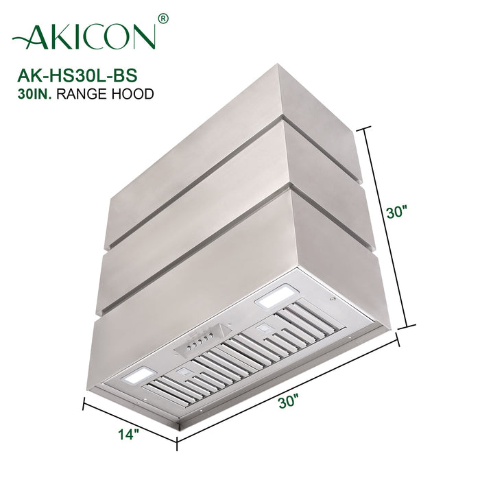Akicon 30" Stainless Steel Wall Mount Range Hood, 3 Stacks Kitchen Hood with 600 CFM Vent Motor- AK-HS30L