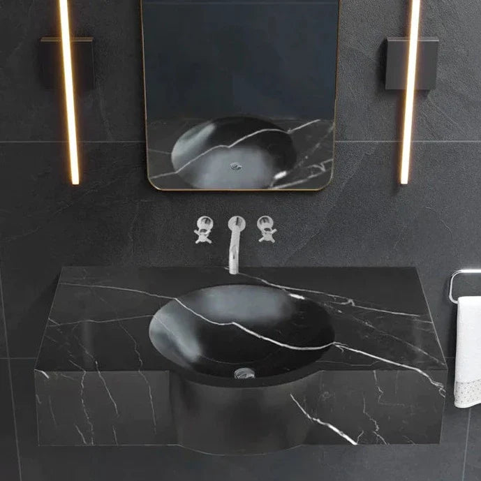 Black Marble Handcrafted Rectangular Wall Mount Bathroom Sink 17 x 30 x 6 Inches
