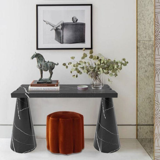Toros Black Marble Designer Cone Shape Legs Console Polished (W)15" (L)40" (H)32" decorative items on two marilyn Monroe photo on the wall