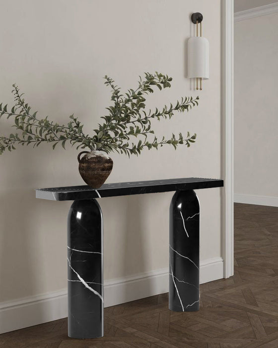 Black Turkish Marble Console Table - Polished Designer Round Legs
