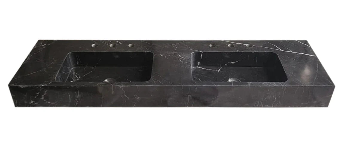 Black Marble Double Sink Wall-Mount Bathroom Vanity - Polished