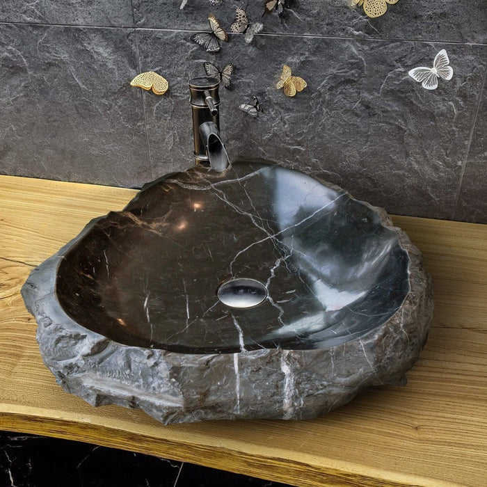 Black Marble Natural Stone Handcrafted Vessel Sink 31 x 23 x 6 Inches Modern Contemporary