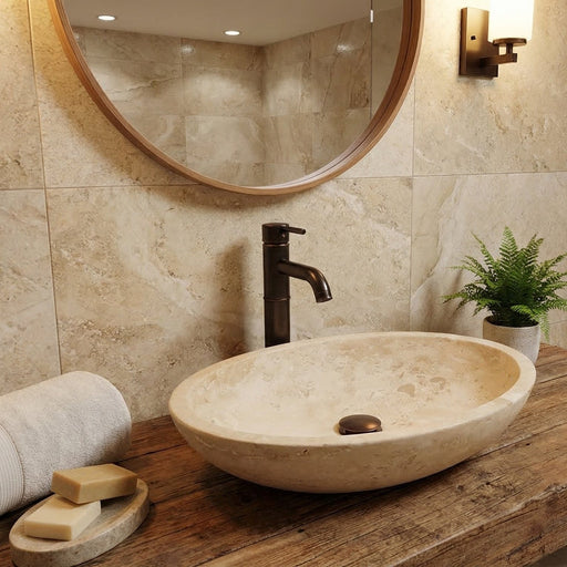 Bathroom with stone sink on wooden vanity, round mirror, and plants.