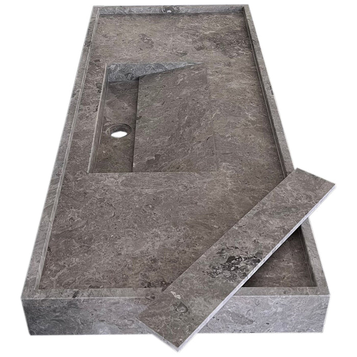 Tundra Grey Marble Rectangular Wall-Mount Bathroom Sink with Hidden Drain 48x20x5
