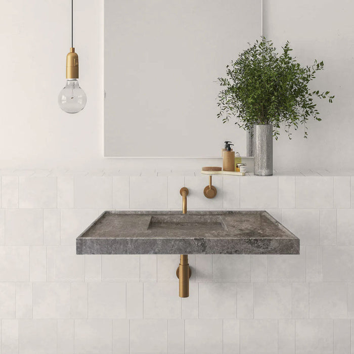 Tundra Grey Marble Rectangular Wall-Mount Bathroom Sink with Hidden Drain 48x20x5