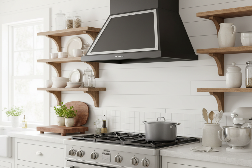 ILVE Nostalgie 30" Wall Mount Glossy Black, Chrome Trim Range Hood UANB36BKC