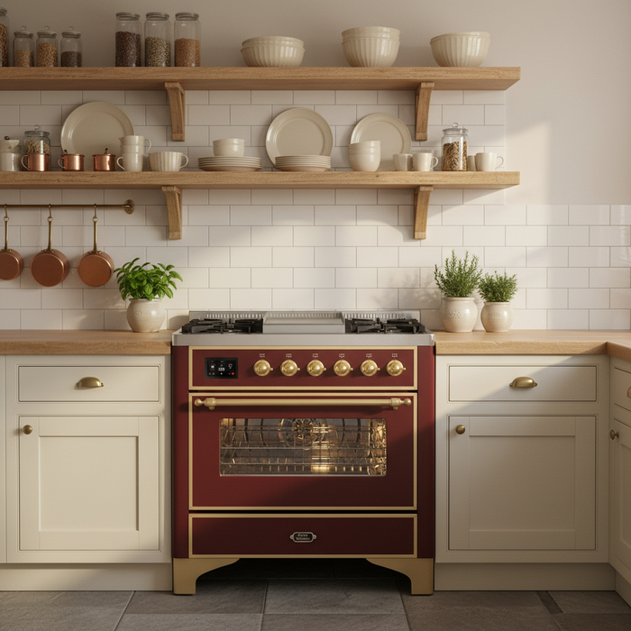 ILVE 36" Majestic II Liquid Propane Dual Fuel Range Burgundy Brass Trim UM09FDNS3BUGLP