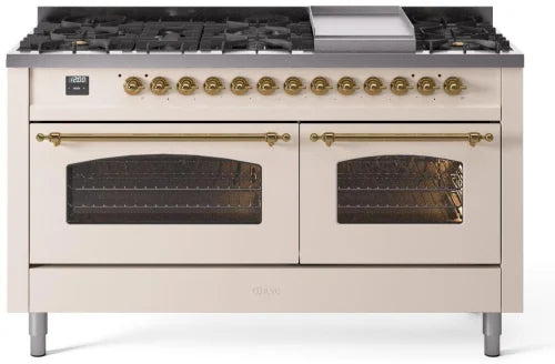ILVE Nostalgie II 60" Dual Fuel Natural Gas Range, Antique White, Brass Trim UP60FNMPAWG - Farmhouse Kitchen and Bath