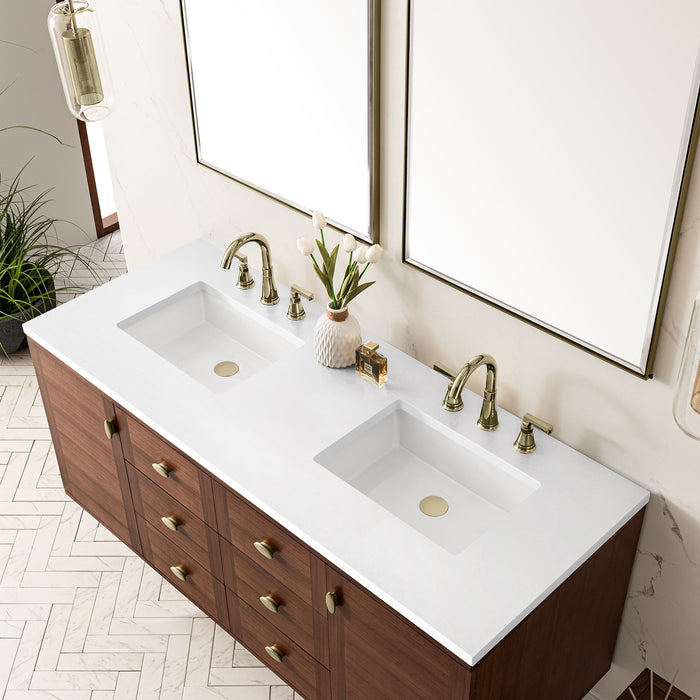 James Martin Amberly 60" Dual Mount Double Bathroom Vanity, Mid-Century Walnut