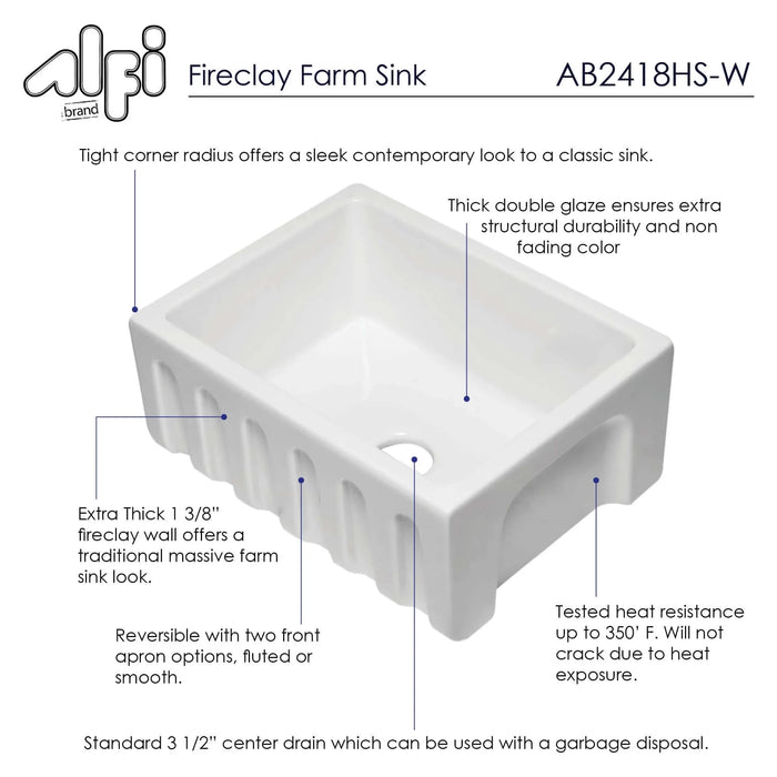 ALFI brand 24" Reversible Smooth / Fluted Single Bowl Fireclay Farm Sink AB2418HS