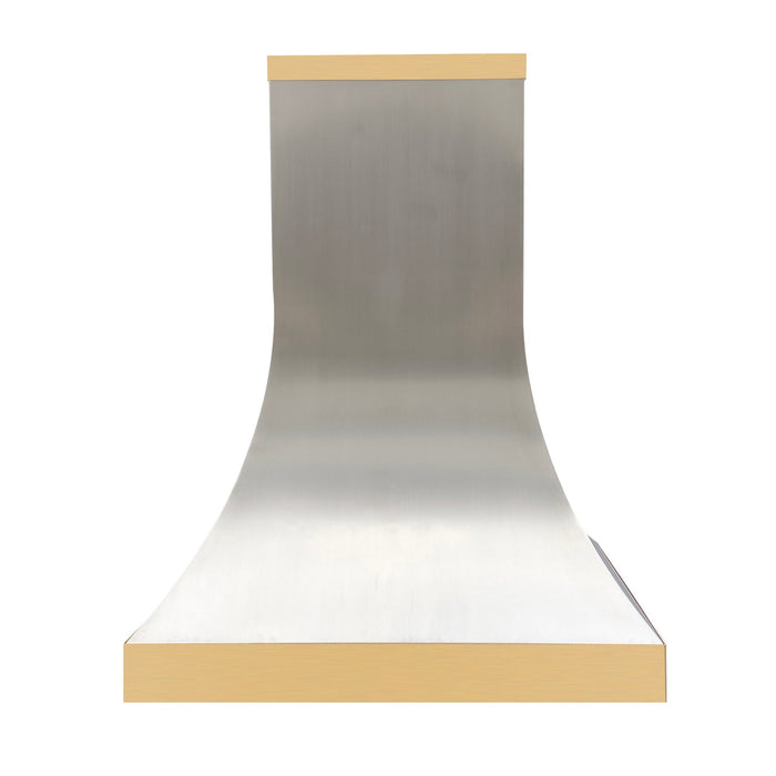 Curved Stainless Steel Custom Range Hood with Brass Accents
