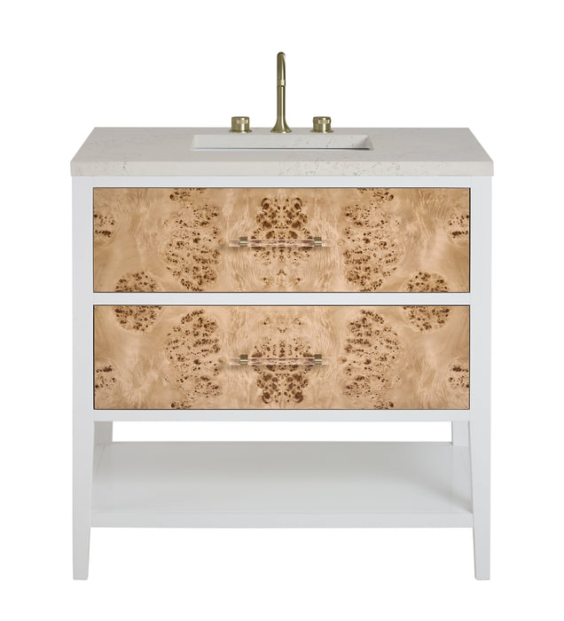James Martin Olena 36" Single Bathroom Vanity, Polished White and Light Mappa Burl