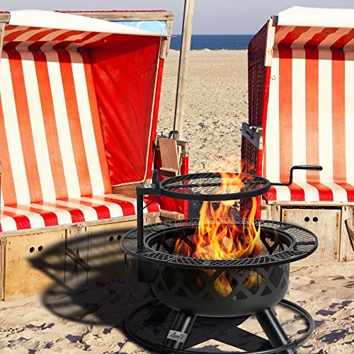 Wood Burning Fire Pit, 32 Inch Outdoor Backyard Patio Fire Pit with 18.7 Inch Cooking Grill Grate, Black - Farmhouse Kitchen and Bath