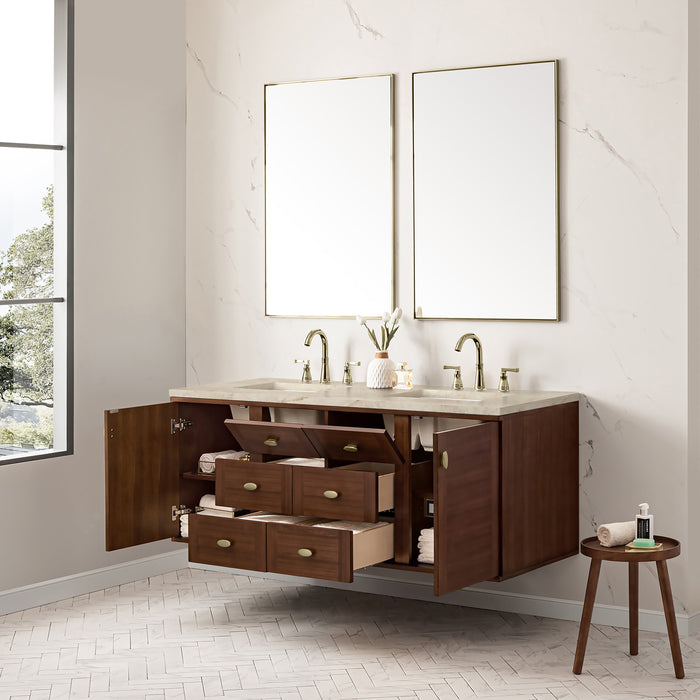 James Martin Amberly 60" Dual Mount Double Bathroom Vanity, Mid-Century Walnut