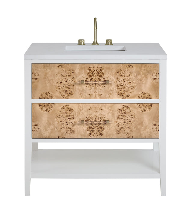 James Martin Olena 36" Single Bathroom Vanity, Polished White and Light Mappa Burl