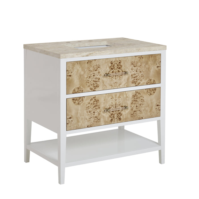 James Martin Olena 36" Single Bathroom Vanity, Polished White and Light Mappa Burl