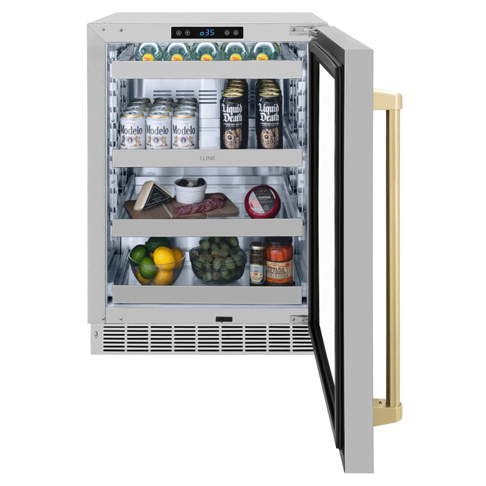 ZLINE Autograph Edition 24 in. Touchstone 151 Can Beverage Fridge With Stainless Steel Glass Door And Champagne Bronze Handle RBSOZ-GS-24-CB - Farmhouse Kitchen and Bath
