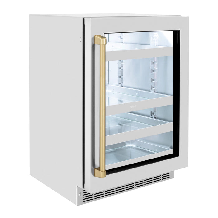 ZLINE Autograph Edition 24 in. Touchstone 151 Can Beverage Fridge With Stainless Steel Glass Door And Champagne Bronze Handle RBSOZ-GS-24-CB