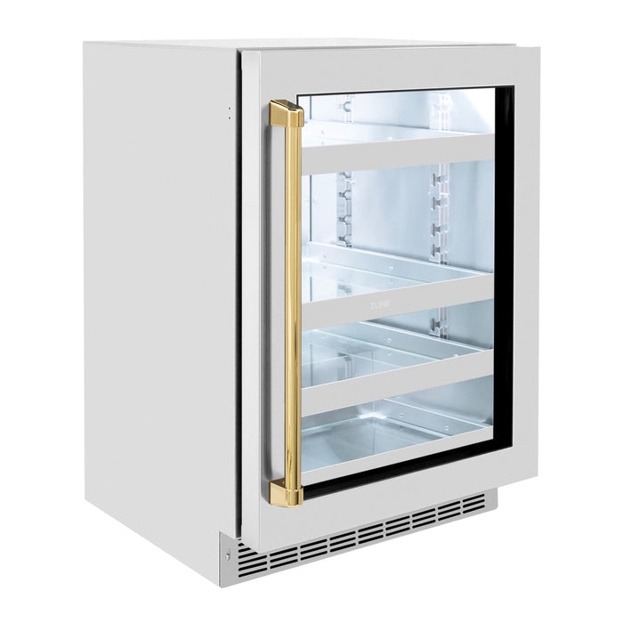 ZLINE Autograph Edition 24 in. Touchstone 151 Can Beverage Fridge With Stainless Steel Glass Door And Polished Gold Handle RBSOZ-GS-24-G