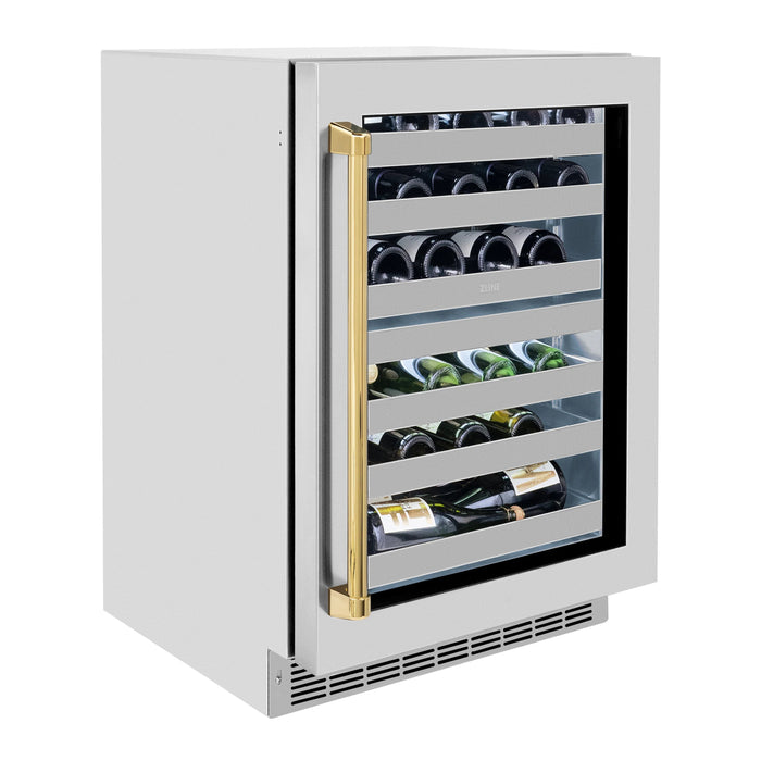 ZLINE Autograph 24 in. Dual Zone 44 Bottle Wine Cooler With Stainless Steel Glass Door And Polished Gold Handle RWDOZ-GS-24-G - Farmhouse Kitchen and Bath