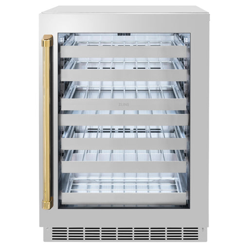 ZLINE Autograph 24 in. Dual Zone 44 Bottle Wine Cooler With Stainless Steel Glass Door And Polished Gold Handle RWDOZ-GS-24-G - Farmhouse Kitchen and Bath