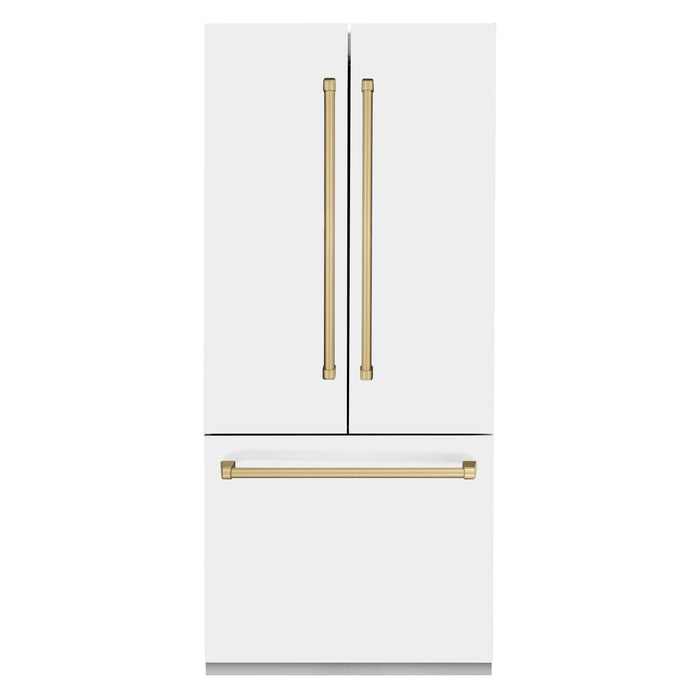 ZLINE 36" Autograph Edition French Door Refrigerator, Internal Water, Ice Dispenser, White Matte, Champagne Bronze Accents RBIVZ-WM-36-CB