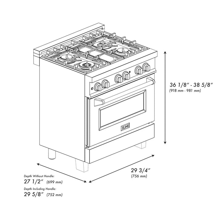 ZLINE 30" Bundle Range RAS-RM-30 & Range Hood 8654RM-30, 2KP-RASRMRH30