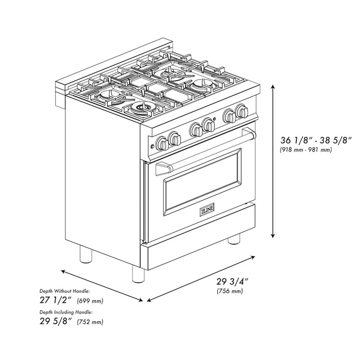 ZLINE 30" Bundle Range RA-BM-30 & Wall Range Hood KB-30, 2KP-RABMRH30