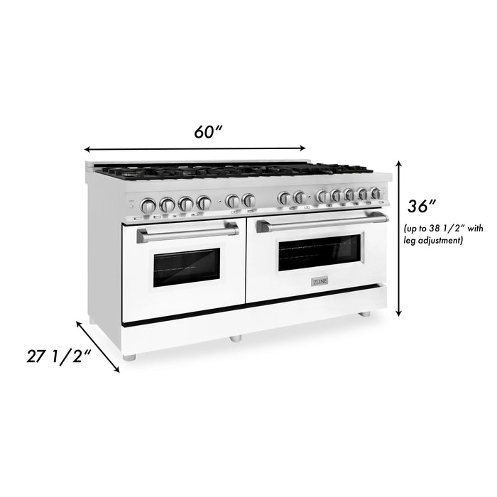ZLINE 60" 7.4 cu. ft. Dual Fuel Range with Gas Stove and Electric Oven in Stainless Steel and White Matte Door, RA-WM-60