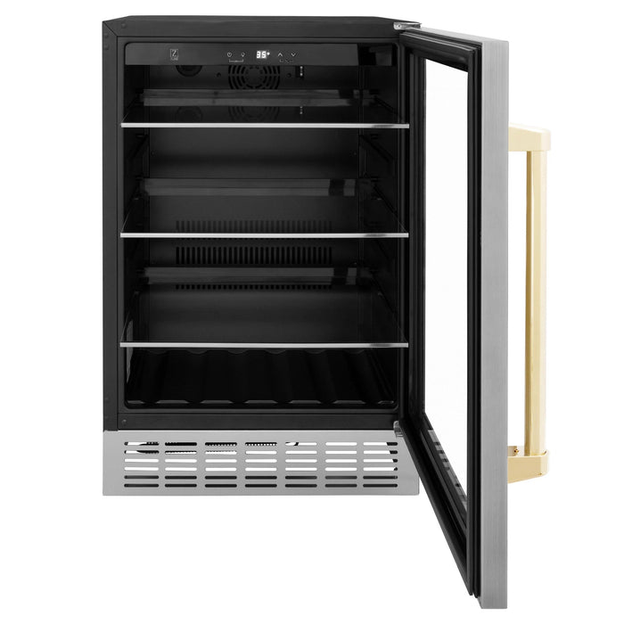 ZLINE 24" Autograph Edition 154 Can Beverage Cooler Fridge with Adjustable Shelves in Stainless Steel with Gold Accents RBVZ - US - 24 - G - Farmhouse Kitchen and Bath
