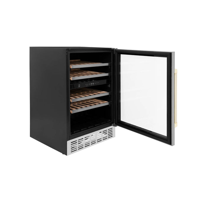 ZLINE 24" Autograph Edition Dual Zone 44 - Bottle Wine Cooler in Stainless Steel with Wood Shelf and Gold Accents RWVZ - UD - 24 - G - Farmhouse Kitchen and Bath