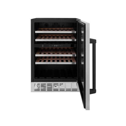 ZLINE 24" Autograph Edition Dual Zone 44 - Bottle Wine Cooler in Stainless Steel with Wood Shelf and Matte Black Accents RWVZ - UD - 24 - MB - Farmhouse Kitchen and Bath