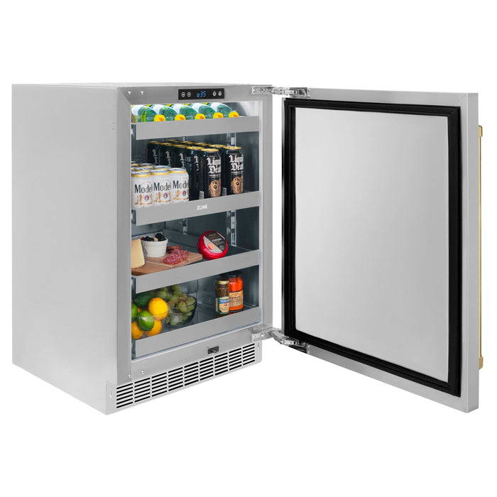 ZLINE 24 in. Touchstone Beverage Fridge, Solid Stainless Door, Polished Gold Handle RBSOZ - ST - 24 - G - Farmhouse Kitchen and Bath
