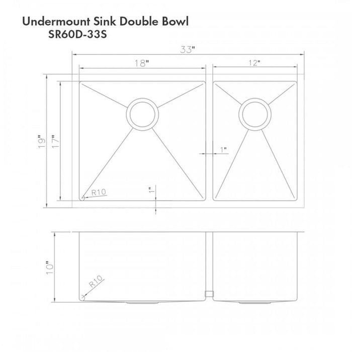 ZLINE 33" Undermount Double Bowl Sink Stainless Steel, SR60D - 33S - Farmhouse Kitchen and Bath