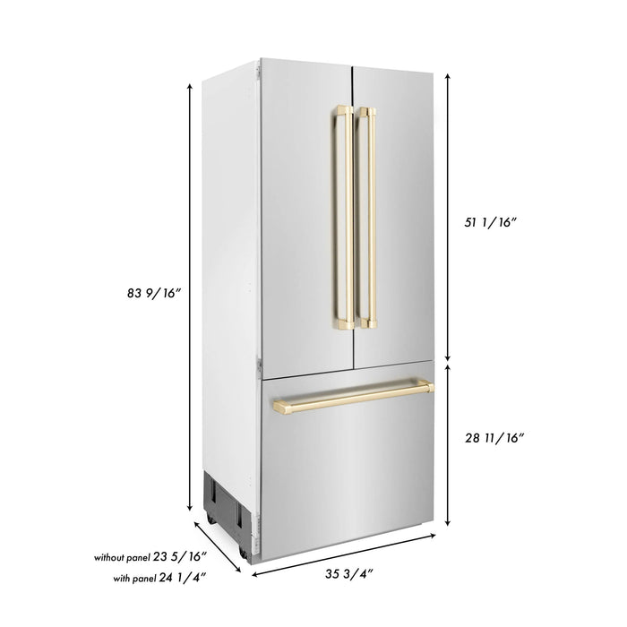 ZLINE 36” Autograph 19.6 cu. ft. 2 - Door Bottom Freezer Fridge Water/Ice Dispenser Stainless Steel Gold Accents RBIVZ - 304 - 36 - G - Farmhouse Kitchen and Bath