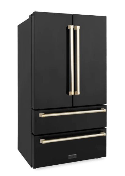 ZLINE 36" Autograph 22.5 cu. Ft French Door Refrigerator with Ice Maker Black Stainless Steel with Gold Accents RFMZ - 36 - BS - G - Farmhouse Kitchen and Bath