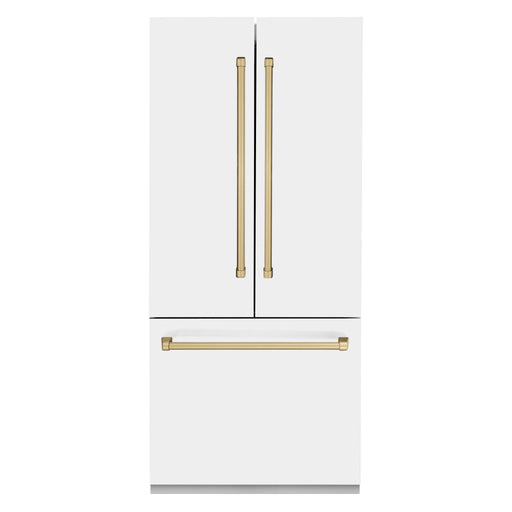 ZLINE 36" Autograph Edition French Door Refrigerator, Internal Water, Ice Dispenser, White Matte, Champagne Bronze Accents RBIVZ - WM - 36 - CB - Farmhouse Kitchen and Bath